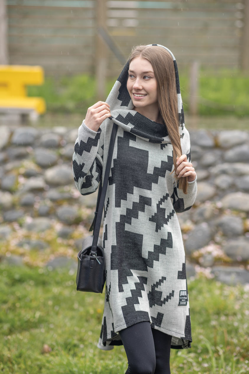 SD-13434 - Geo Hounds tooth Oversized Sweater Dress with Cowl Neck Hood